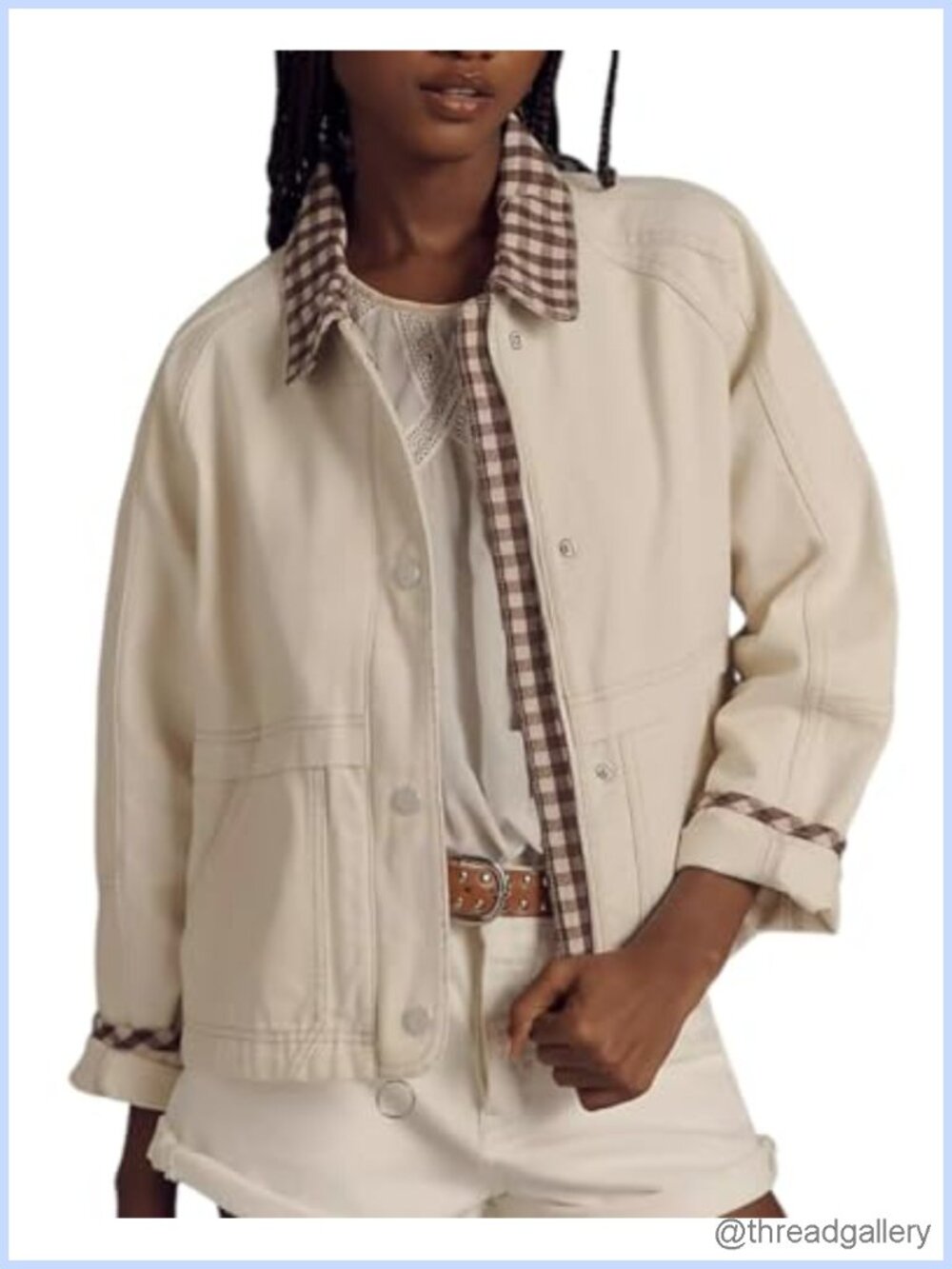 Loose Plaid Cuffs Collar Casual Button Front Jacket with Pockets